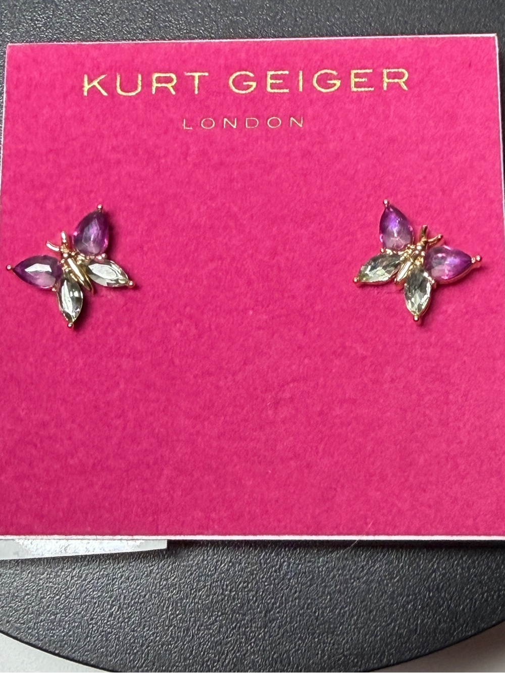 Kurt Geiger Gold Butterfly Stud Earrings with Purple and Clear Stones NWT
